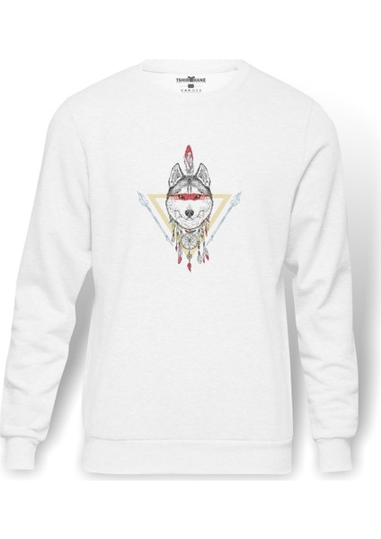 Dreamcatcher Wolf Baskılı Beyaz Erkek Örme Sweatshirt Uzun Kol