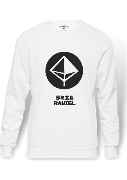 Evangelion Ramıel Baskılı Beyaz Erkek Örme Sweatshirt Uzun Kol