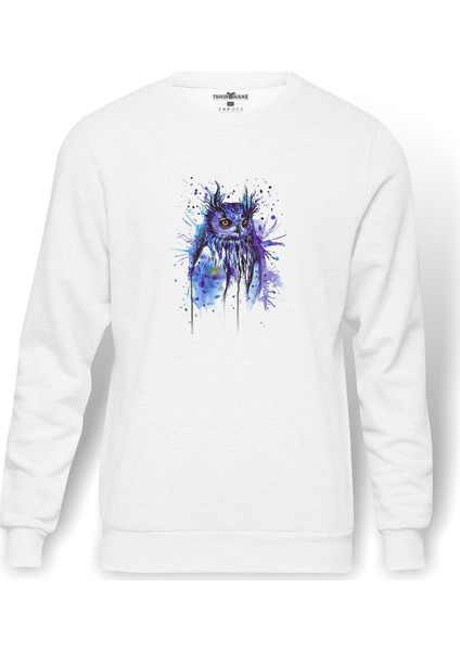 Owl Mavi Kedi Sulu Boya Baskılı Beyaz Erkek Örme Sweatshirt Uzun Kol