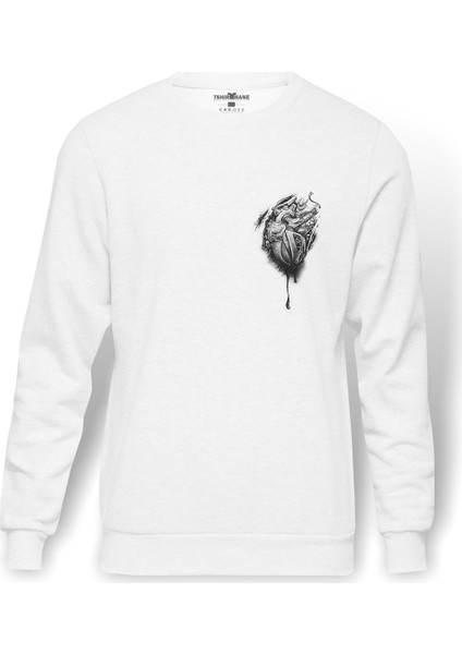 Kalbim Motorla Carpiyor Baskılı Beyaz Erkek Örme Sweatshirt Uzun Kol