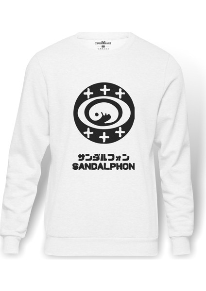 Evangelion Sandalhon Baskılı Beyaz Erkek Örme Sweatshirt Uzun Kol