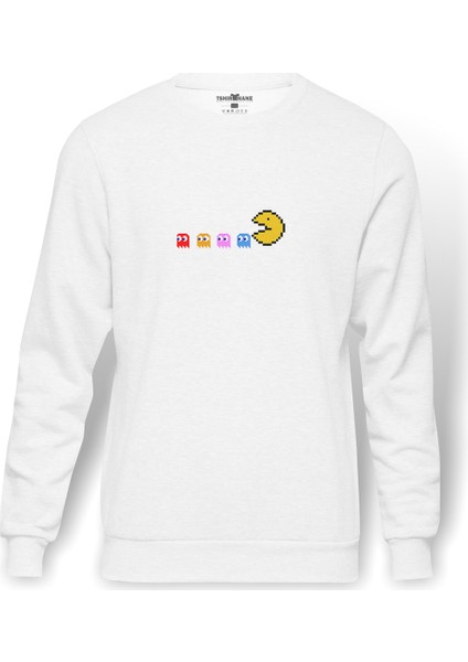 Pac Man Baskılı Beyaz Erkek Örme Sweatshirt Uzun Kol
