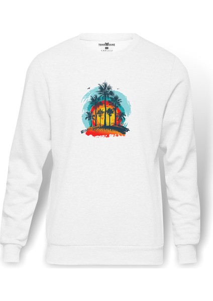Palmiye Ağaçları Malibu Soyut Alacakaranlıkta Ada Baskılı Beyaz Erkek Örme Sweatshirt Uzun Kol