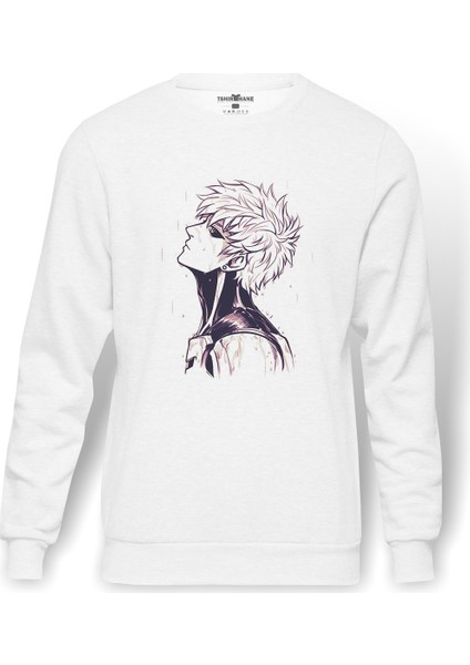 Anime One Punch Man Genos Baskılı Beyaz Erkek Örme Sweatshirt Uzun Kol