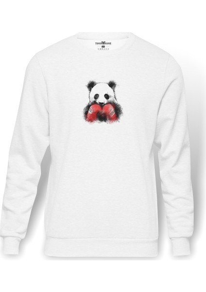 Panda Boks Baskılı Beyaz Erkek Örme Sweatshirt Uzun Kol