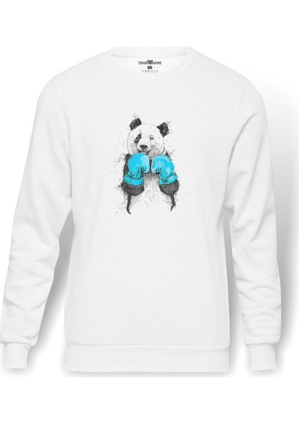 Panda Boxing Sketch Baskılı Beyaz Erkek Örme Sweatshirt Uzun Kol