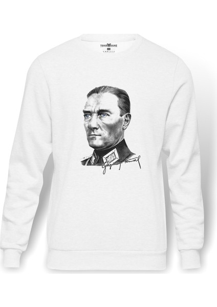 Gazi M Kemal Atatürk Portre Baskılı Beyaz Erkek Örme Sweatshirt Uzun Kol