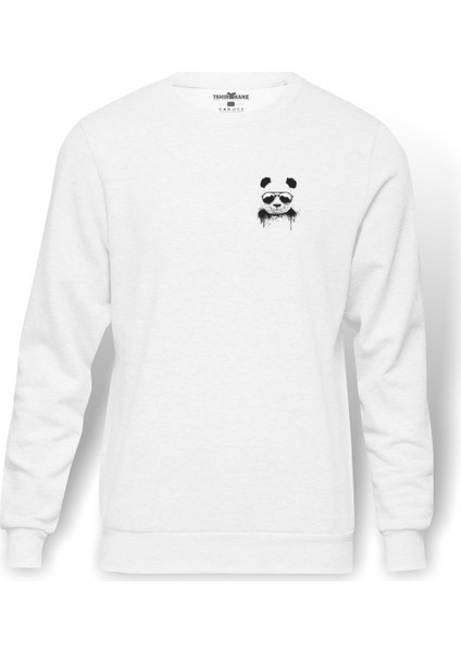 Panda Cool Baskılı Beyaz Erkek Örme Sweatshirt Uzun Kol