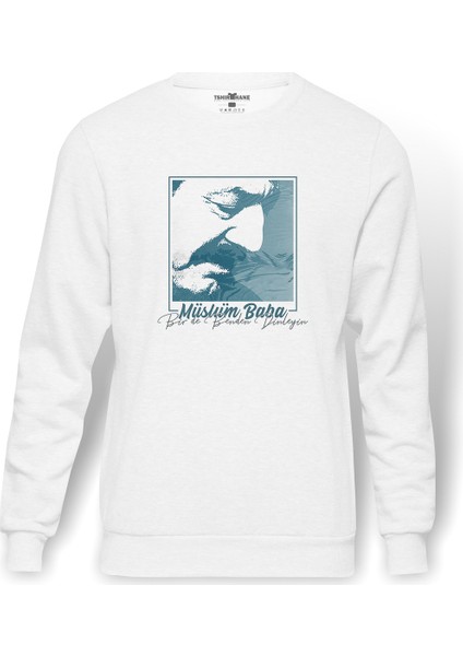 Müslüm Baba Birde Benden Dinleyin Baskılı Beyaz Erkek Örme Sweatshirt Uzun Kol