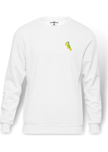 Papağan Kuş Budgerigar Scarlet Baskılı Beyaz Erkek Örme Sweatshirt Uzun Kol