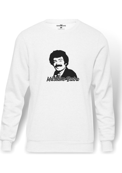 Müslüm Baba Baskılı Beyaz Erkek Örme Sweatshirt Uzun Kol