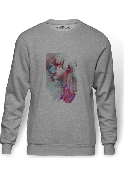 Anime Tokyo Ghoul Anteiku Baskılı Gri Erkek Örme Sweatshirt Uzun Kol
