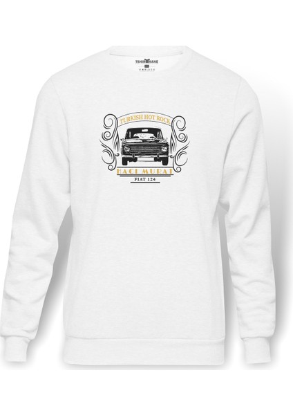 Turkish Hotrock Murat 124 Baskılı Beyaz Erkek Örme Sweatshirt Uzun Kol