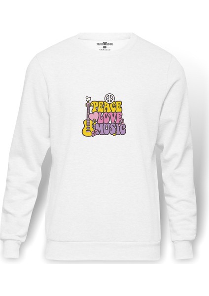 Peace Love Musıc Guıtar Bırd Rockt Baskılı Beyaz Erkek Örme Sweatshirt Uzun Kol