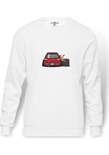 Subaru Forester Baskılı Beyaz Erkek Örme Sweatshirt Uzun Kol