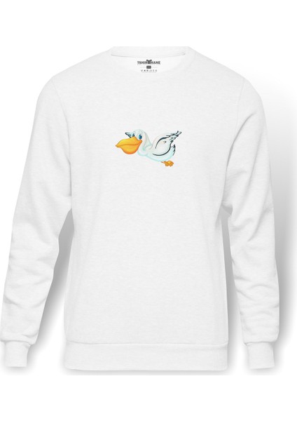 Pelikan Kuşu Toucan Flying Free Baskılı Beyaz Erkek Örme Sweatshirt Uzun Kol