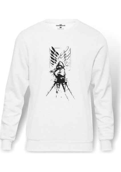 Anime Attack On Titan Baskılı Beyaz Erkek Örme Sweatshirt Uzun Kol