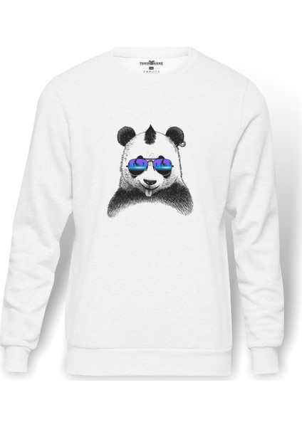 Panda Baskılı Beyaz Erkek Örme Sweatshirt Uzun Kol