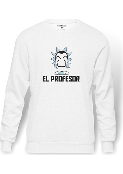 La Case De Papel El Profesor Baskılı Beyaz Erkek Örme Sweatshirt Uzun Kol