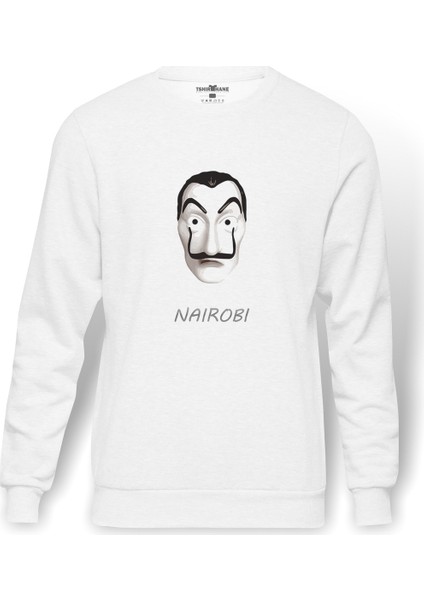 La Case De Papel Nairobi Baskılı Beyaz Erkek Örme Sweatshirt Uzun Kol