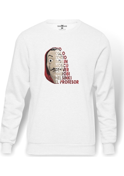 La Case De Papel Nombres De Baskılı Beyaz Erkek Örme Sweatshirt Uzun Kol