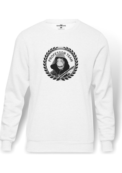 La Case De Papel Profesor Team Baskılı Beyaz Erkek Örme Sweatshirt Uzun Kol