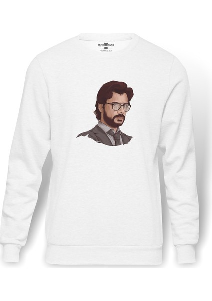 La Case De Papel Profesör Baskılı Beyaz Erkek Örme Sweatshirt Uzun Kol
