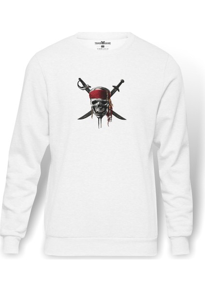 Pirates Of Caribbean Kurukafa Cpt Sparrow Baskılı Beyaz Erkek Örme Sweatshirt Uzun Kol