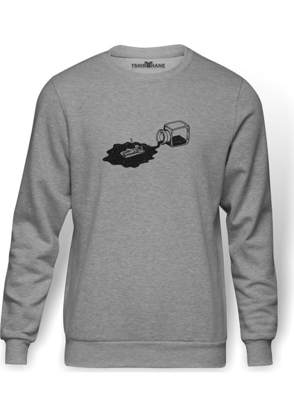 Astronot Güneşlenen Astronot Baskılı Gri Erkek Örme Sweatshirt Uzun Kol