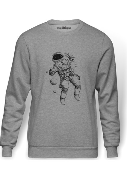 Astronot Uzay Gezintisi Baskılı Gri Erkek Örme Sweatshirt Uzun Kol