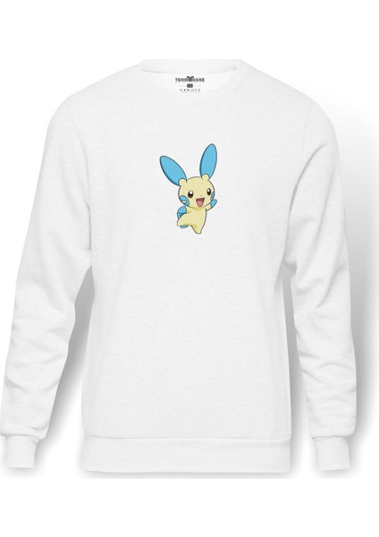 Pokemon Karakter Çizimi Minun Pokemon Baskılı Beyaz Erkek Örme Sweatshirt Uzun Kol