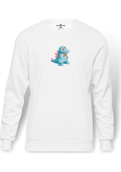 Pokemon Totodile Çizimi Totodile Pokemon Baskılı Beyaz Erkek Örme Sweatshirt Uzun Kol