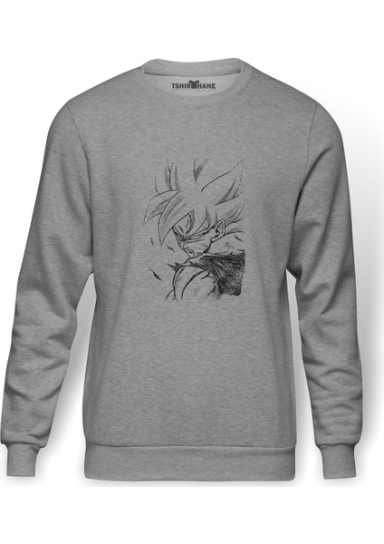 Anime Dragon Ball Baskılı Gri Erkek Örme Sweatshirt Uzun Kol