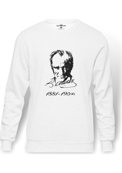 K Atatürk İmza 1881 1938 Baskılı Beyaz Erkek Örme Sweatshirt Uzun Kol