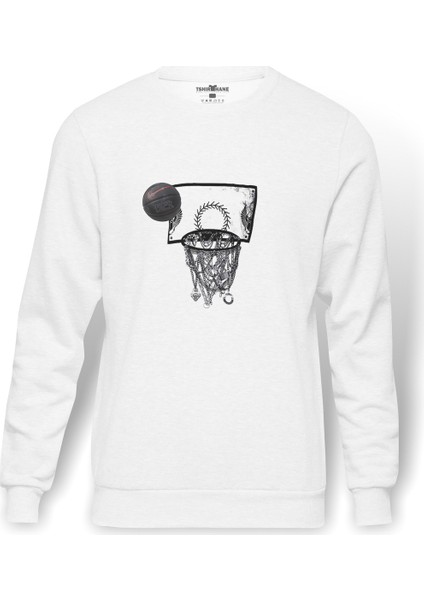 Basketbol Top Pota Baskılı Beyaz Erkek Örme Sweatshirt Uzun Kol