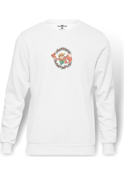 Principe E Volpe Amici Per Sempre Baskılı Beyaz Erkek Örme Sweatshirt Uzun Kol