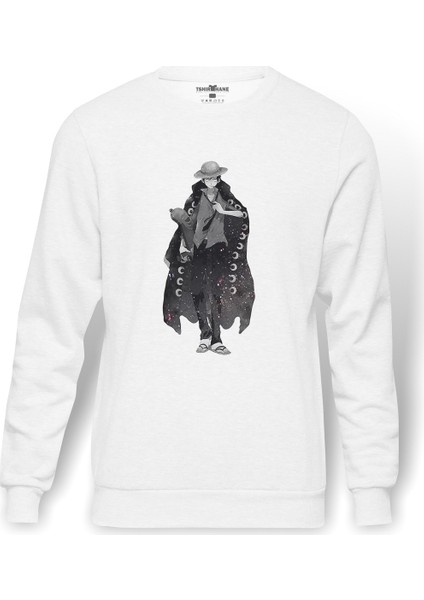 Anime One Piece Baskılı Beyaz Erkek Örme Sweatshirt Uzun Kol