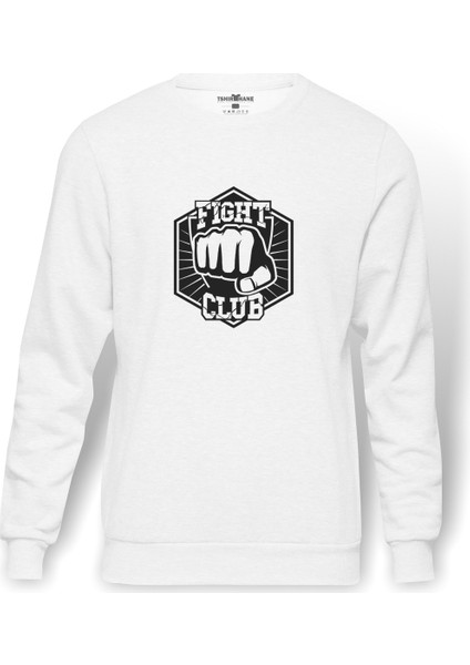 Yumruk Fight Clup Baskılı Beyaz Erkek Örme Sweatshirt Uzun Kol