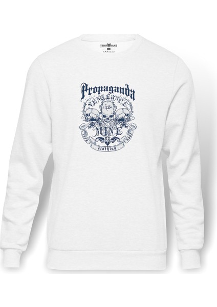 Propaganda Ve Siyah Kurukafa Intikamı Baskılı Beyaz Erkek Örme Sweatshirt Uzun Kol