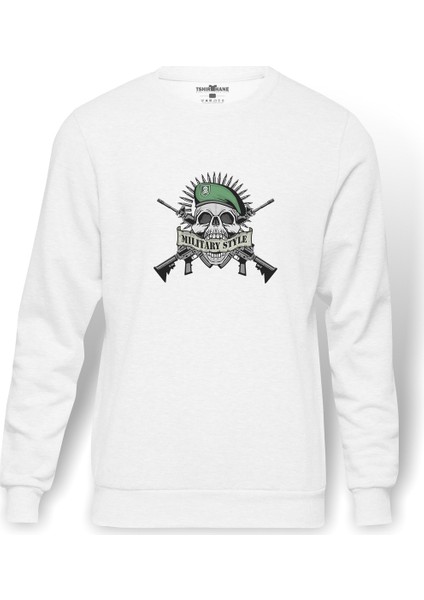 Askeri Mılıtary Style Baskılı Beyaz Erkek Örme Sweatshirt Uzun Kol