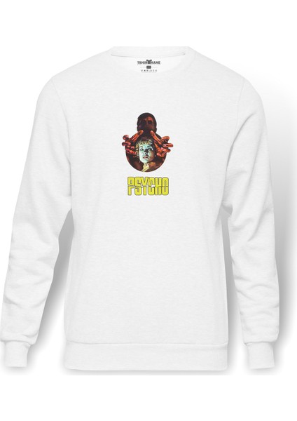 Psycho Hitchcock Baskılı Beyaz Erkek Örme Sweatshirt Uzun Kol