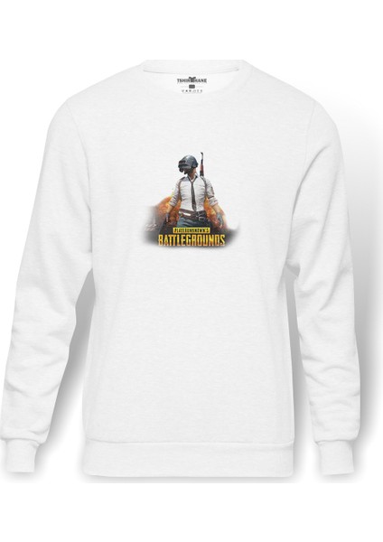 Pubg Patlama 3 Lvl Kask Baskılı Beyaz Erkek Örme Sweatshirt Uzun Kol