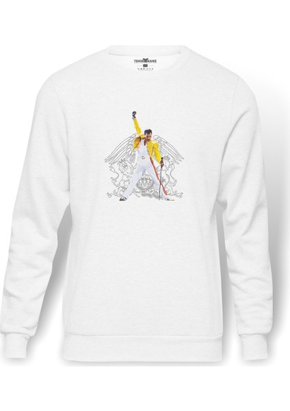 Queen Mercury Baskılı Beyaz Erkek Örme Sweatshirt Uzun Kol