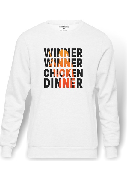 Pubg Winner Winner Chıcken Dınner Baskılı Beyaz Erkek Örme Sweatshirt Uzun Kol