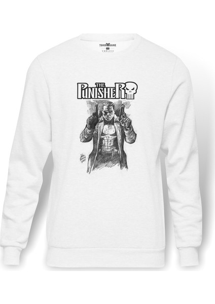 The Punisher Frank Castle Baskılı Beyaz Erkek Örme Sweatshirt Uzun Kol