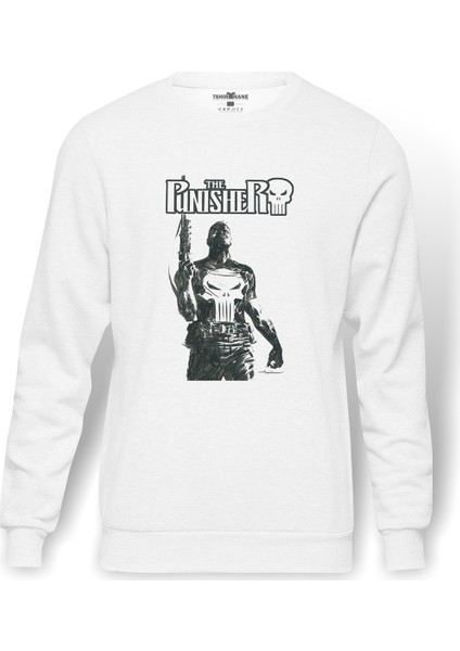 The Punisher Frank Castle Jon Bernthal Baskılı Beyaz Erkek Örme Sweatshirt Uzun Kol