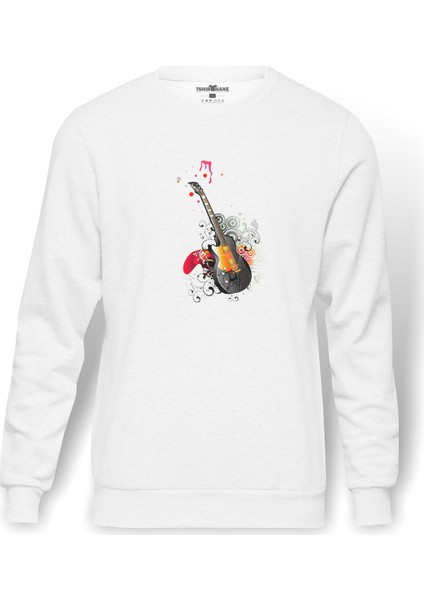Gitar Müzik Rock Art Baskılı Beyaz Erkek Örme Sweatshirt Uzun Kol