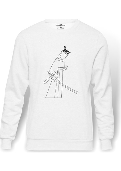 Samurai Jack Baskılı Beyaz Erkek Örme Sweatshirt Uzun Kol
