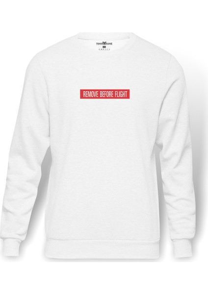 Remove Before The Flight Baskılı Beyaz Erkek Örme Sweatshirt Uzun Kol