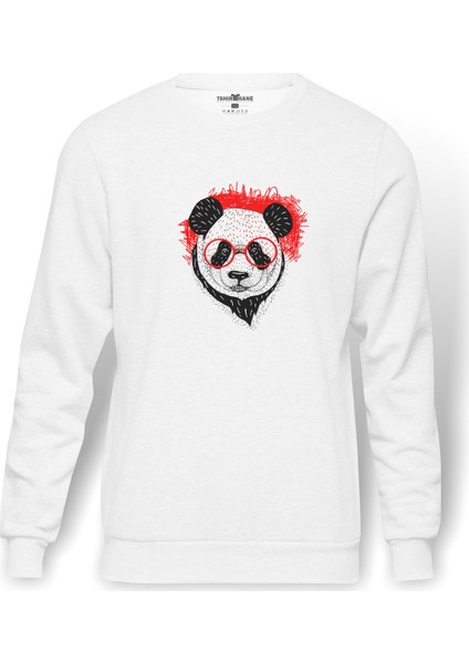 Gözlüklü Panda Baskılı Beyaz Erkek Örme Sweatshirt Uzun Kol